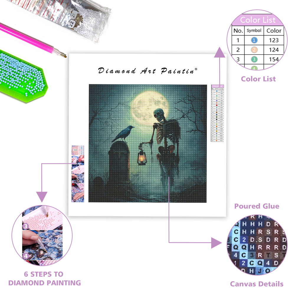 Skeleton and Crow on Halloween Night - Diamond Painting