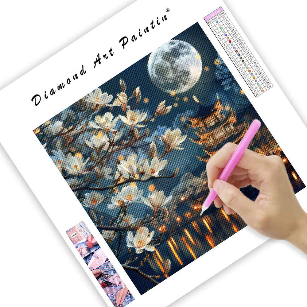 Magnolia Blossom under Moonlit Pagoda - Diamond Painting