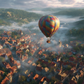 Balloon Over European Town - Diamond Painting