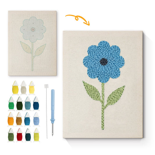Blue Flower with Green Leaves - Punch Needle