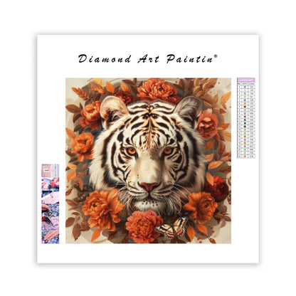 White Tiger with Orange Flowers - Diamond Painting