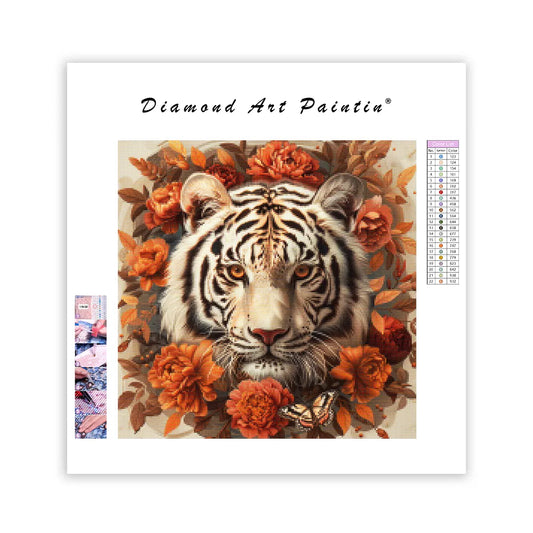 White Tiger with Orange Flowers - Diamond Painting