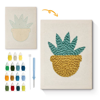 Yellow Pot with Green Plant - Punch Needle