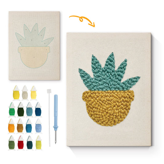 Yellow Pot with Green Plant - Punch Needle