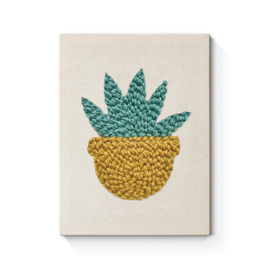 Yellow Pot with Green Plant - Punch Needle